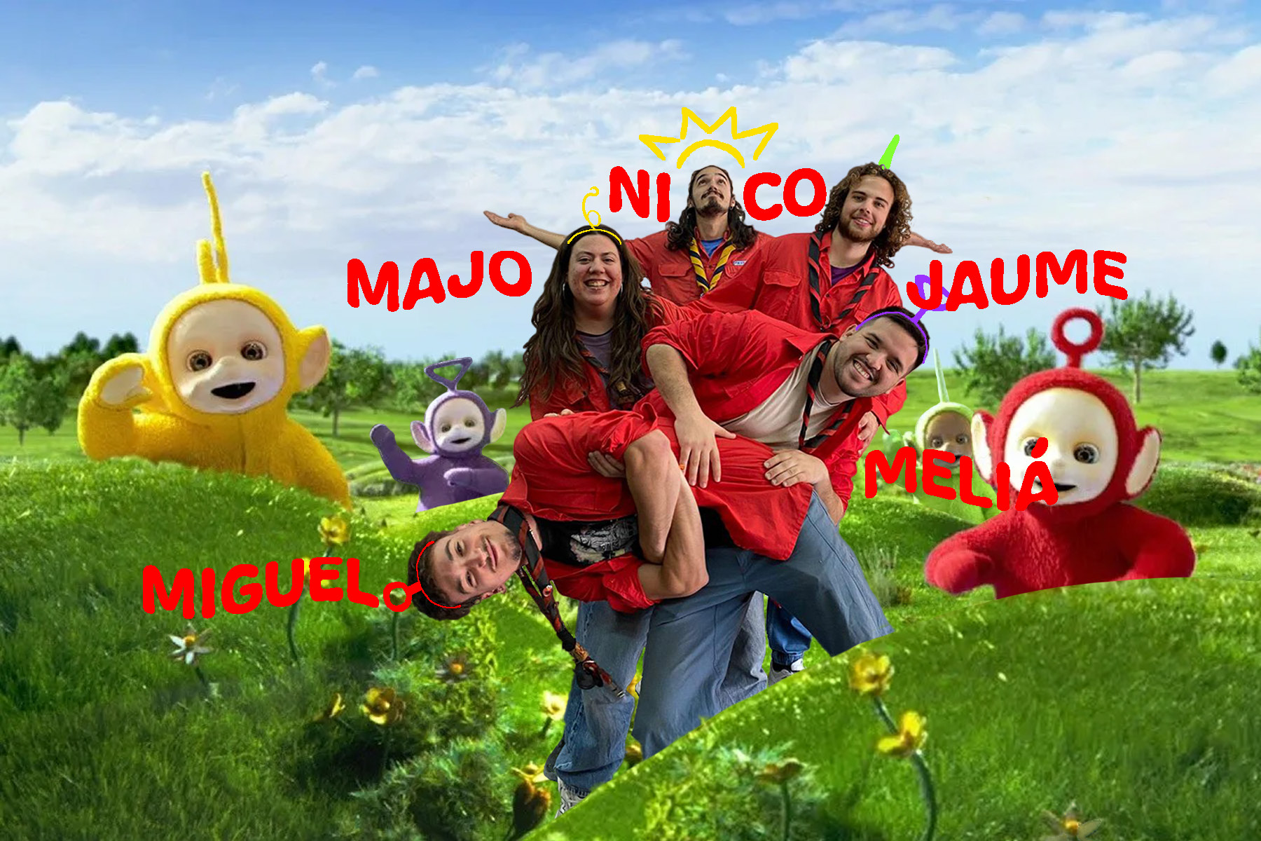 El kraal de Pioneros; Miguel, Majo, Melía, Nico y Jaume, en el mundo de los Teletubbies.